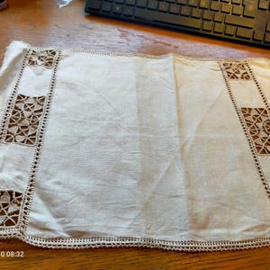 1920s Linen Table Mat: Beige Cutwork Placemat, 16x11