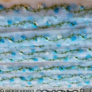 Renda bordada azul e branca da Carolace Embroidery Co. em cartão original de 24 1/2 jardas X 15/16 "de profundidade. Data carimbada 1979 Renda 4017