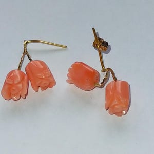 9 Carat Yellow Gold Coral Flower Dangle Earrings