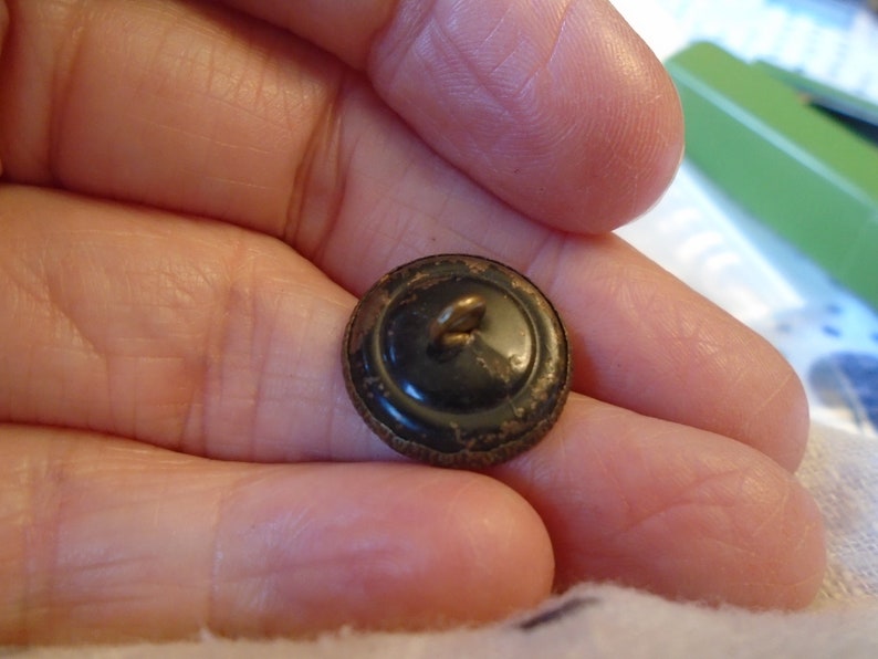 1890s 1116 or 17 mm dia Ref 7418 Lovely 1 brass and cut steel cup button with bird in a bush Austrian tiny Metal back