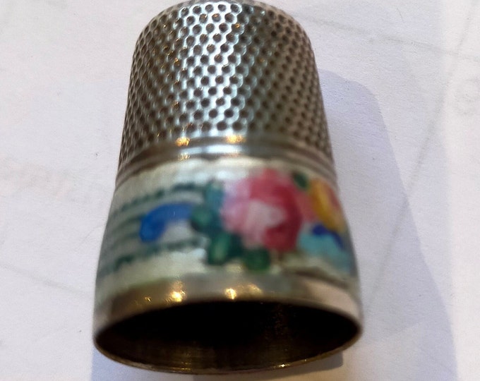 Antique Silver and Enamel Flower Border Thimble With Agate Top ...
