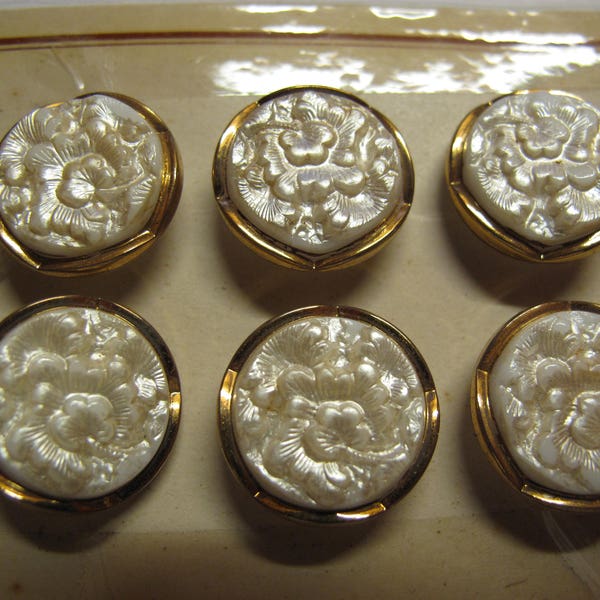 6 cream 1920's glass buttons with floral detail and gold edge 18 mm diameter 020517/41