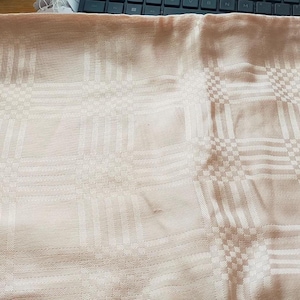 vintage Damask peach tablecloth with check design 49&quot; square&quot;  perfect condition Gift for her. linen 86