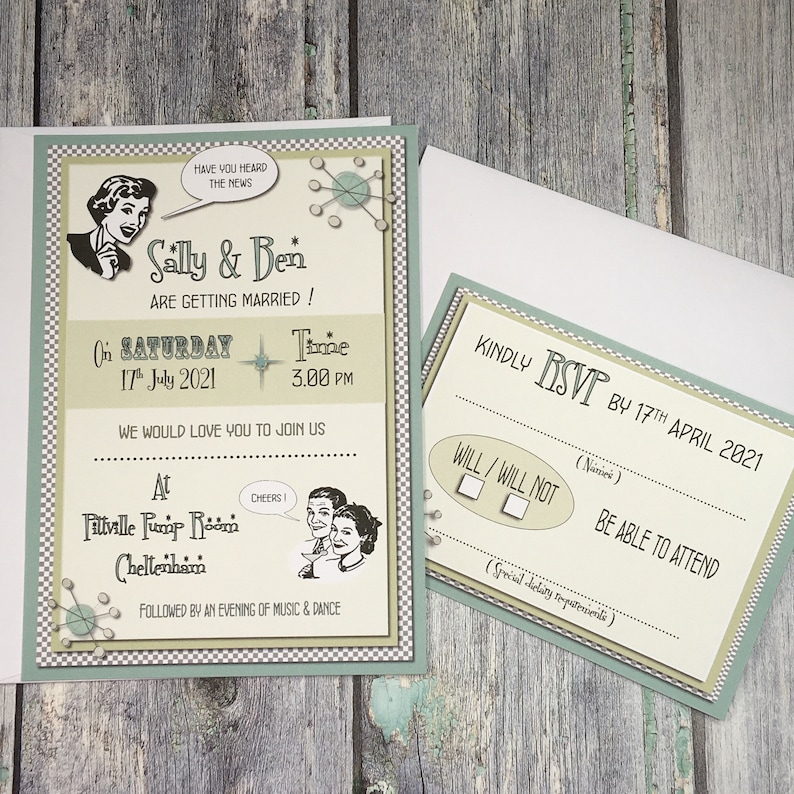 sample retro wedding invitation with free rsvp kitsch etsy