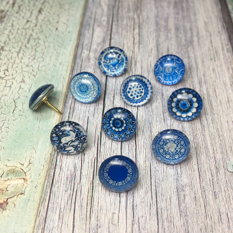 Decorative Push Pins Blue & White Push Pins Blue Patterned Etsy UK
