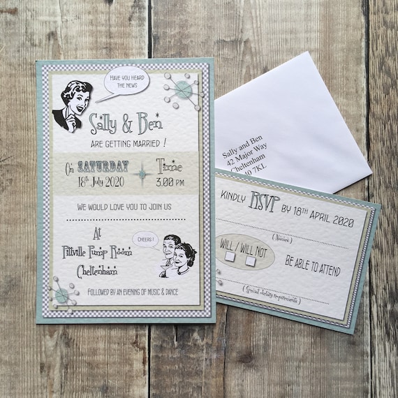 Sample Retro Wedding Invitation With Free Rsvp Kitsch Etsy