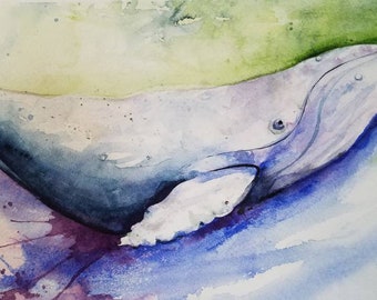May include: Watercolor painting of a whale swimming in the ocean. The whale is painted in shades of blue, purple, and white. The background is a soft green and yellow.