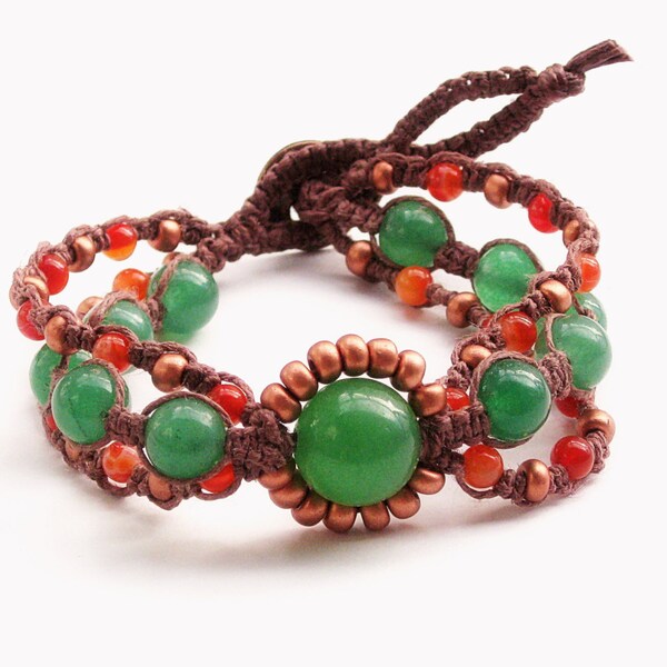 Boho Bracelet - 3 strand macrame bracelet, green aventurine, red carnelian, copper glass beads, brown hemp - hippie bracelet, boho-chic