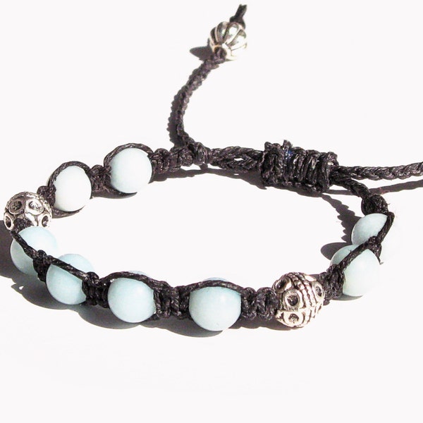 Beaded Macrame Bracelet - pale blue amazonite, antiqued silver beads, black hemp - boho bracelet, hippie bracelet, spring, summer