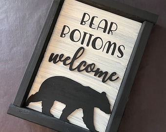 Bear Bottoms Welcome Bathroom Wall Decor, Funny Cute Farmhouse Style Wood Sign, Rustic Bear 3D, Hunters Cabin Art, Country Boys Framed Sign