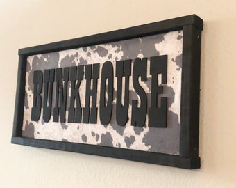 Bunkhouse Cowhide Ranch Sign, 3D Framed Farmhouse Sign, Rustic Boys Room Decor, Cow Themed Bedroom Art, Unique Gift For Him