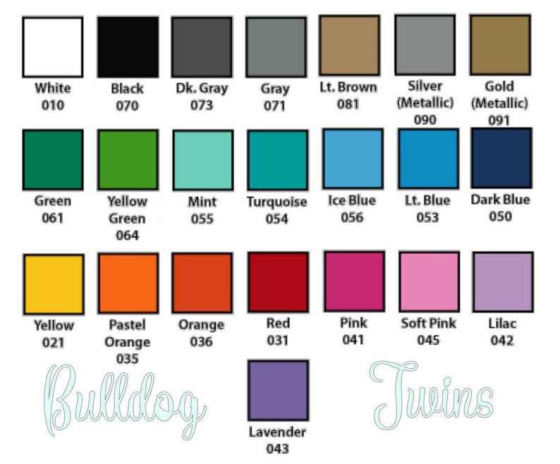 K&ouml;nnte beinhalten: Eine Farbkarte mit 20 verschiedenen Farben, darunter Wei&szlig;, Schwarz, Grau, Gr&uuml;n, Gelb, Orange, Rot, Rosa, Blau und Lila. Die Farben sind mit ihren Namen und Nummern beschriftet. Die W&ouml;rter "Bulldog" und "Twins" sind in wei&szlig;er Kursivschrift am unteren Rand der Karte geschrieben.
