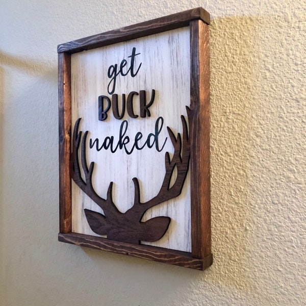 Cute and Funny Bathroom Wall Decor, Get Naked Farmhouse Style Wood Sign, Rustic Deer Head Hunters Cabin Art, Antler Kids Bathroom Sign, Boys