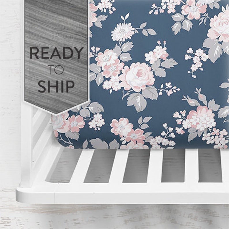 Navy Blush Floral Crib Sheet ~ Fitted Crib Sheet ~ Baby Bedding ~ Crib Sheet ~ Crib Bedding ~ Floral Crib Sheet ~ Baby Gift ~ Quick Ship