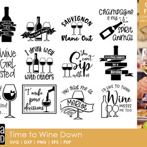 May include: A set of 10 black and white wine-themed SVG cut files. The designs include text such as "Wine Girl Wasted", "I drink well with others", "You can't Sip with us", "Champagne is my spirit animal", and "I'd like to think Wine misses me too".