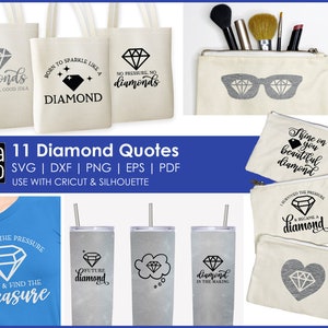 Può includere: Collezione di prodotti a tema diamante, tra cui borse tote, trousse per cosmetici, bicchieri e una maglietta. Gli articoli presentano grafiche di diamanti e citazioni ispiratrici come "I diamanti sono sempre una buona idea" e "Shine on you beautiful diamond."