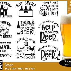 Könnte beinhalten: Neun schwarz-weiße Designs mit Bier-bezogenen Wortspielen und Sprüchen. Die Designs beinhalten "So many beers, so little time!" "Good friends, great beer!" "I don't get drunk, I get awesome!" "Got beer?" "There is always time for another beer!" "A beer in hand is worth more than two in the cooler" "Never met a beer I didn't like!" "I get by with a little help from my beer" "You look like I need another beer!"