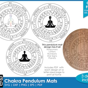 May include: Three different designs for a chakra pendulum mat. Each mat features a circle with a meditating figure in the center and a variety of symbols and words around the edge. The text on the mat includes "REPHRASE", "YES", "NO", "ASK AGAIN", "MAYBE", "ANSWER", "0123456789", "ABCDEFGHIJKLMNOPQRSTUVWXYZ", and star signs. The text "This pendulum mat design has it all" is included in the image. The text "3 designs included" is also included in the image.
