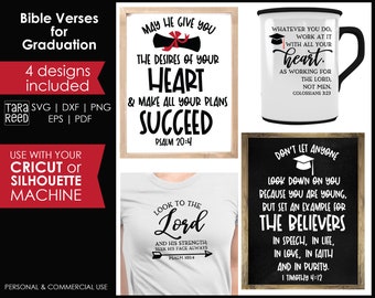 May include: Four graduation-themed designs featuring Bible verses. The designs include a mug, a t-shirt, a chalkboard sign, and a framed sign. The text on the designs includes verses from Psalm 20:4, Psalm 105:4, Colossians 3:23, and 1 Timothy 4:12.