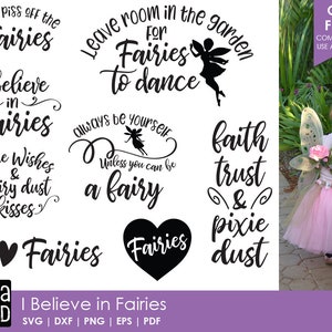 Puede incluir: Una colección de archivos de corte con temática de hadas con frases como "Don't Piss off the Fairies" y "I believe in Fairies". La imagen también incluye a un niño disfrazado de hada con alas y un tutú rosa. También está presente el texto "I Believe in Fairies".