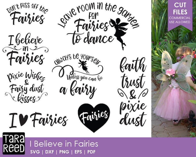 K&ouml;nnte beinhalten: Eine Sammlung von Dateien zum Thema Feen mit S&auml;tzen wie "Don't Piss off the Fairies" und "I believe in Fairies". Das Bild zeigt auch ein Kind in einem Feenkost&uuml;m mit Fl&uuml;geln und einem rosa Tutu. Der Text "I Believe in Fairies" ist ebenfalls vorhanden.