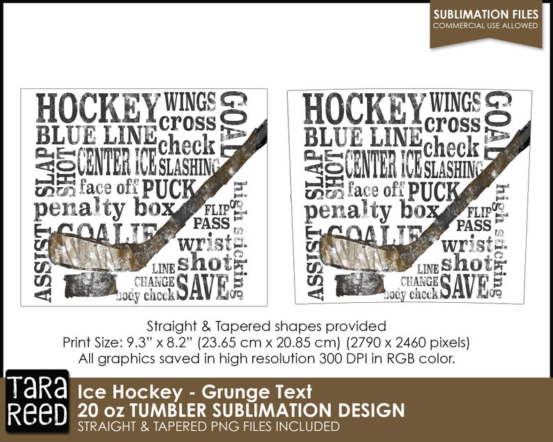 K&ouml;nnte beinhalten: Ein Sublimationsdesign f&uuml;r einen 20 Unzen Becher mit einem Hockeyschl&auml;ger und einer Wortwolke aus Hockeybegriffen in Schwarzwei&szlig; mit einer Grunge-Textur. Der Text enth&auml;lt "Hockey", "Wings", "Blue Line", "Center Ice", "Slashing", "Goal", "High Sticking", "Face Off", "Puck", "Penalty Box", "Flip", "Pass", "Goalie", "Wrist", "Line", "Shot", "Change", "Save", und "Body Check".