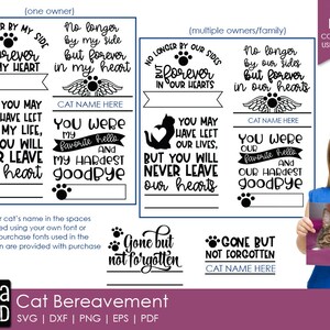 May include: Black and white digital design for a pet memorial. The design features a paw print, a cat, and text that reads "No longer by my side but forever in my heart". The design also includes the text "You may have left my life, but you will never leave my heart".