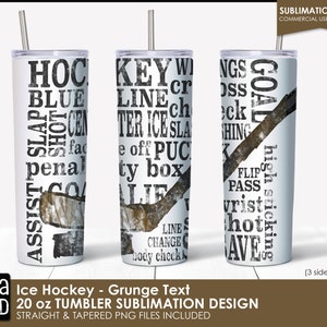 K&ouml;nnte beinhalten: Ein Sublimationsdesign f&uuml;r einen 20 Unzen Becher mit wei&szlig;em Hintergrund, schwarzem Text und einer Grafik eines Hockeyschl&auml;gers. Der Text enth&auml;lt Hockeybegriffe wie "Tor", "Assist", "Strafe", "Linienwechsel", "Hocheins&auml;tze" und "Handgelenkschuss".