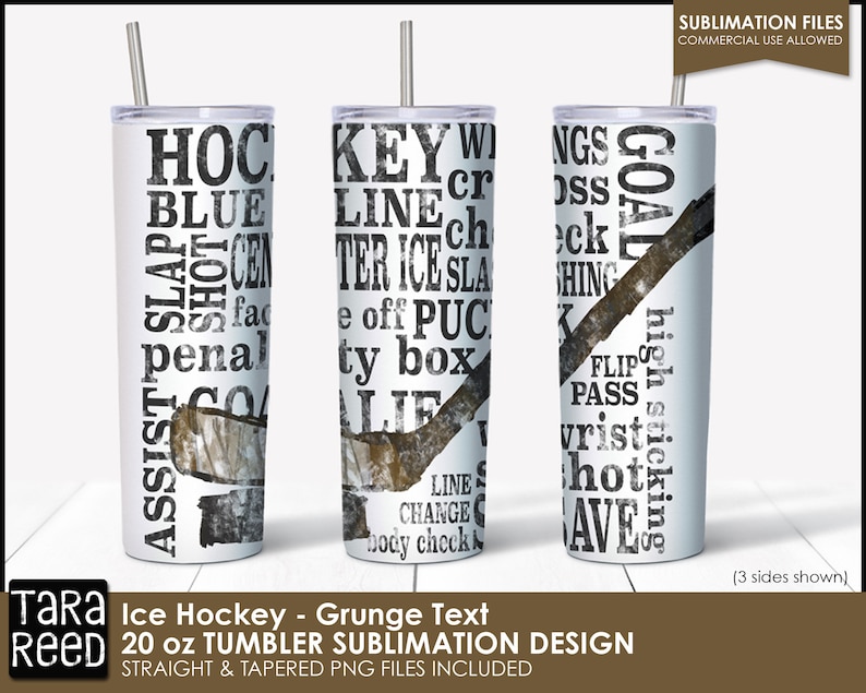 K&ouml;nnte beinhalten: Ein Sublimationsdesign f&uuml;r einen 20 Unzen Becher mit wei&szlig;em Hintergrund, schwarzem Text und einer Grafik eines Hockeyschl&auml;gers. Der Text enth&auml;lt Hockeybegriffe wie "Tor", "Assist", "Strafe", "Linienwechsel", "Hocheins&auml;tze" und "Handgelenkschuss".