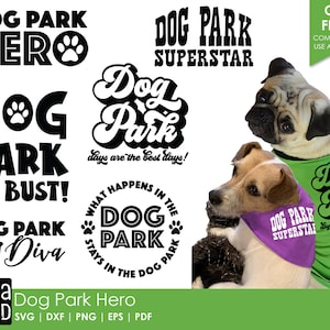 以下が含まれることがあります： 犬の公園をテーマにした白黒のSVGカットファイル10個セット。デザインには、「Dog Park Hero」、「Dog Park Superstar」、「Dog Park or Bust」、「Dog Park Diva」、「What Happens in the Dog Park Stays in the Dog Park」が含まれています。