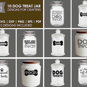 Könnte beinhalten: Zehn verschiedene Designs für Hunde-Leckerli-Gläser-Etiketten. Die Designs zeigen verschiedene Hunde-bezogene Sätze und Bilder, darunter "Verwöhnte Hunde-Leckerlis", "Raue Tag, ich brauche einen Leckerbissen", "Verwöhnte Hunde-Leckerlis" und "Es war ein rauer Tag, ich brauche einen Leckerbissen".