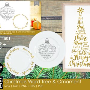 May include: A Christmas-themed bundle featuring a framed tree design, ornament designs, and plates with festive text. The designs include phrases like "Merry Christmas" and "Peace on Earth" in a gold color. The bundle includes SVG, DXF, PNG, EPS, and PDF formats.