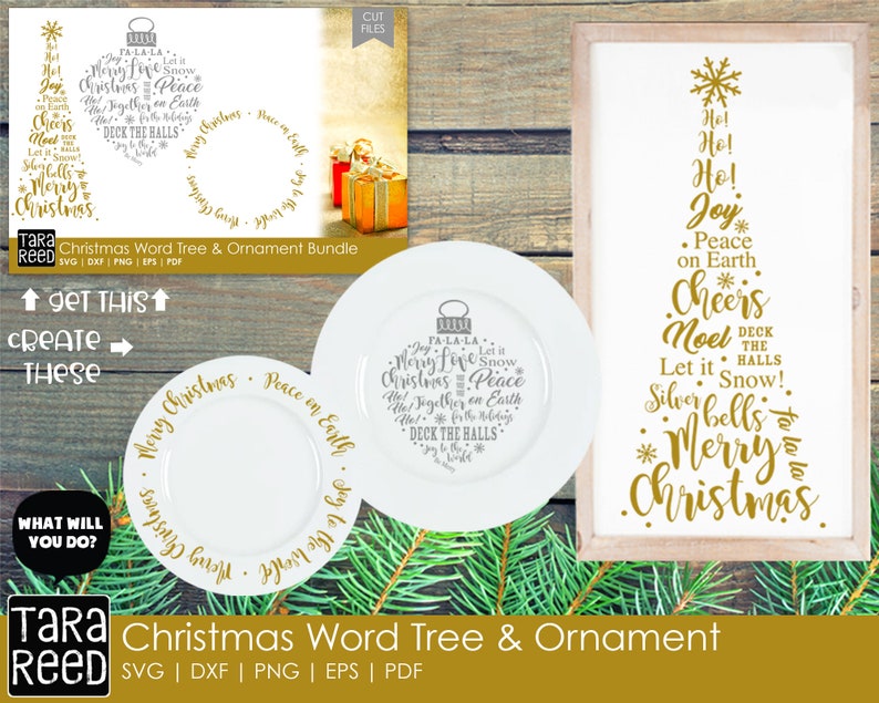 May include: A Christmas-themed bundle featuring a framed tree design, ornament designs, and plates with festive text. The designs include phrases like "Merry Christmas" and "Peace on Earth" in a gold color. The bundle includes SVG, DXF, PNG, EPS, and PDF formats.