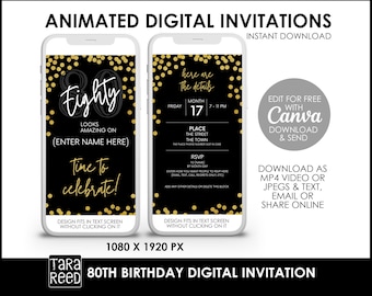 80th Birthday Digital Invitation | Animated 80th Birthday Invitation Template | Edit in Canva