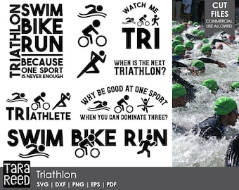 May include: Black and white graphic design with the text "Swim Bike Run" and "Triathlete" with illustrations of a swimmer, cyclist, and runner. The text "Why be good at one sport when you can dominate three?" is also included. The design is set against a background of a group of people swimming in a triathlon.