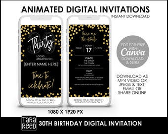 30th Birthday Digital Invitation | Animated 30th Birthday Invitation Template | Edit in Canva