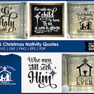 Könnte beinhalten: Sechs digitale Designs mit Weihnachts-Nativitätszitaten. Die Designs beinhalten eine Schwarzweißillustration einer Krippe, den Text "Wise men still seek Him", "O' Holy night", "Every family needs a stable foundation", "Our family is built on a stable foundation" und "Best gift ever".