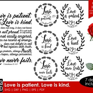 El amor es paciente y bondadoso: versículos bíblicos SVG y archivos de corte para artesanos