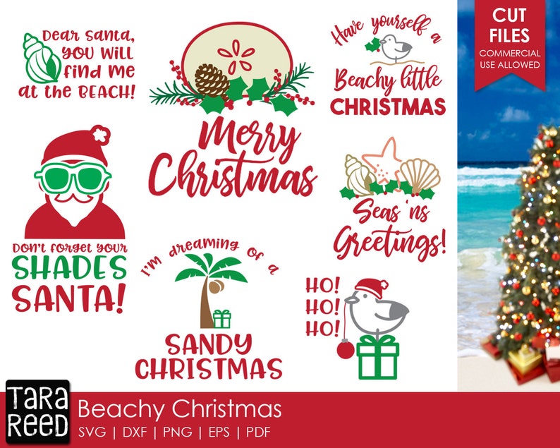 Puede incluir: Un conjunto de 10 archivos de corte SVG con tem&aacute;tica navide&ntilde;a que presentan dise&ntilde;os playeros y n&aacute;uticos. Los dise&ntilde;os incluyen un Pap&aacute; Noel con gafas de sol, una palmera, una concha, una gaviota y el texto "Feliz Navidad", "Peque&ntilde;a Navidad playera", "Saludos del mar", "No olvides tus gafas de sol Pap&aacute; Noel", "Estoy so&ntilde;ando con una Navidad arenosa", "Disfruta de una peque&ntilde;a Navidad playera" y "&iexcl;Ho! &iexcl;Ho! &iexcl;Ho!"