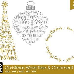 May include: Gold and silver Christmas-themed cut files. The image features a Christmas tree, ornament, and circular design, all composed of festive words like "Merry Christmas" and "Joy". The text "Christmas Word Tree & Ornament" is also present.