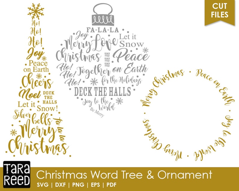 May include: Gold and silver Christmas-themed cut files. The image features a Christmas tree, ornament, and circular design, all composed of festive words like "Merry Christmas" and "Joy". The text "Christmas Word Tree & Ornament" is also present.