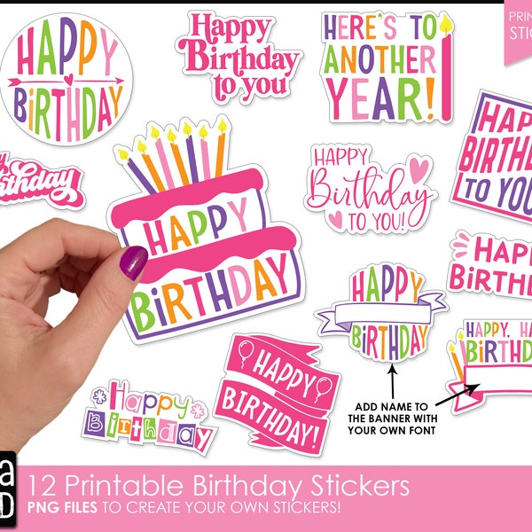 Printable Birthday Stickers | Pink and Purple Print and Cut Stickers with Cricut