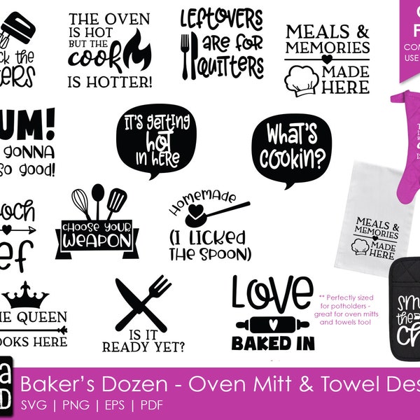 Baker's Dozen ovenwant en handdoek ontwerpen - keuken SVG en gesneden bestanden voor Crafters