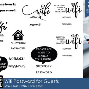 May include: A set of 10 printable WiFi password signs for guests. The signs feature different designs, including a house with a WiFi symbol, a speech bubble with the text "In case you want to stare at your phone...", and a phone with a WiFi symbol. The signs also include the text "Network:" and "Password:" for guests to fill in their WiFi information.