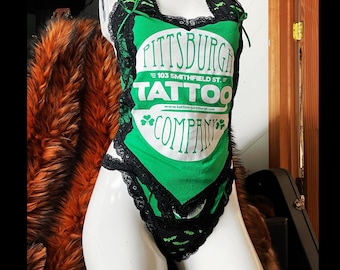 Bats n Tats - Pittsburgh Tattoo Company Green and Black Lace Corset Style Top and Panty Set - Medium - Handmade One of a Kind