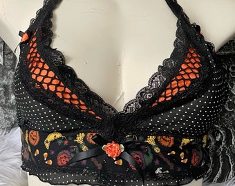 October Country - Retro Halloween Halter Bralette - XL 2X 38 40  - Handmade One of a Kind