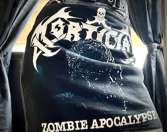Zombie Apocalypse - Upcycled Grey Mortician Mini Skirt with Buckles and Skulls -  Small - Upcycled One of a Kind