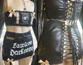 Lawless Darkness - Watain Black & Gold Leather and Lace Garter Belt Bralette and Choker Set - XL - Handmade One of a Kind