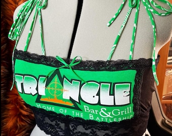 Battleship Bralette - Pittsburgh Triangle Bar and Grill Green and Black Lace Crop Top - 2X - Handmade One of a Kind