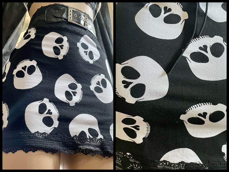 Skelly Skirt Black High Waisted Stretch Skull Mini Skirt With Pleather & Lace S M L xl Handmade image 9